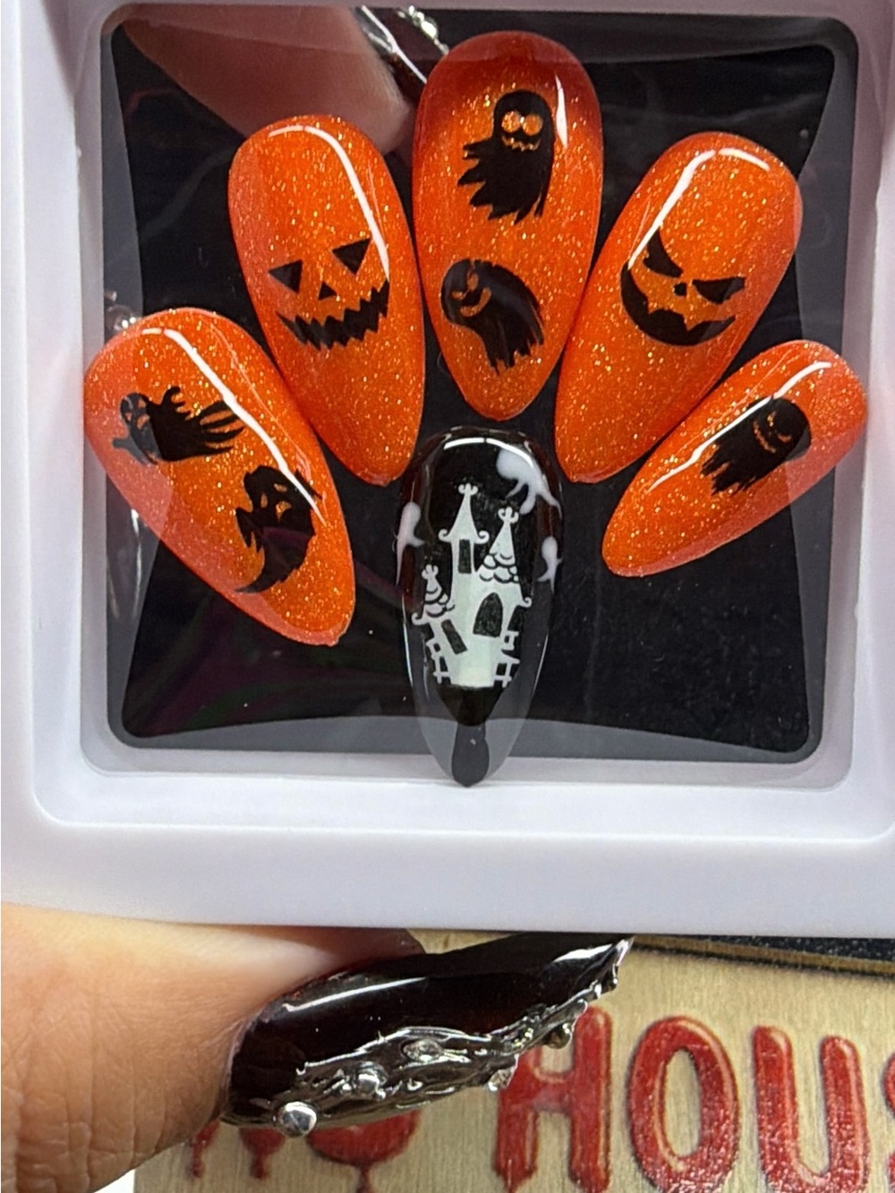 Glitter Orange Halloween glow in the Press-On Nails with Haunted Castle Accent